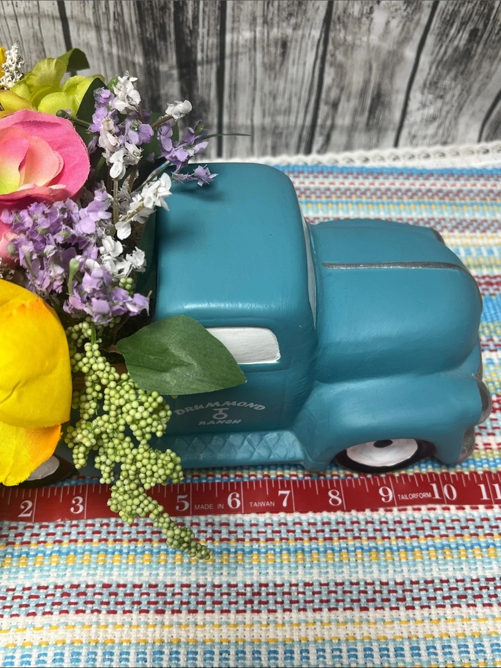 The Pioneer Woman Teal Vintage Truck Planter with Bright Faux Florals